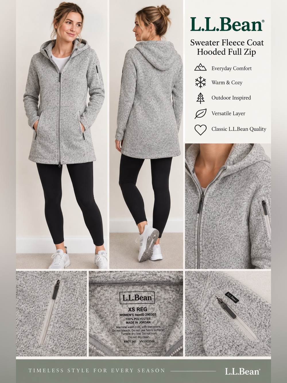 L.L.Bean Sweater Fleece Coat | XS Regular | Gray | Hooded